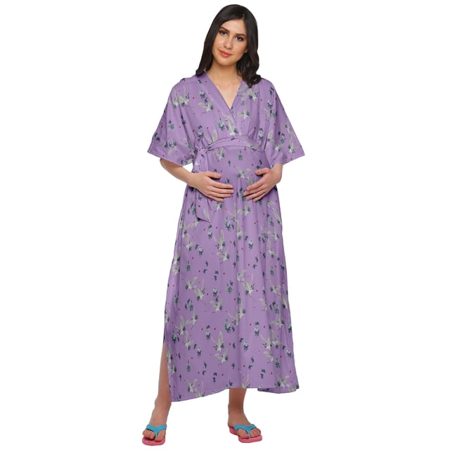 Moomaya Robe Maxi Kaftan de Maternité Longue pour Femmes à Manches Kimono Boutonnée