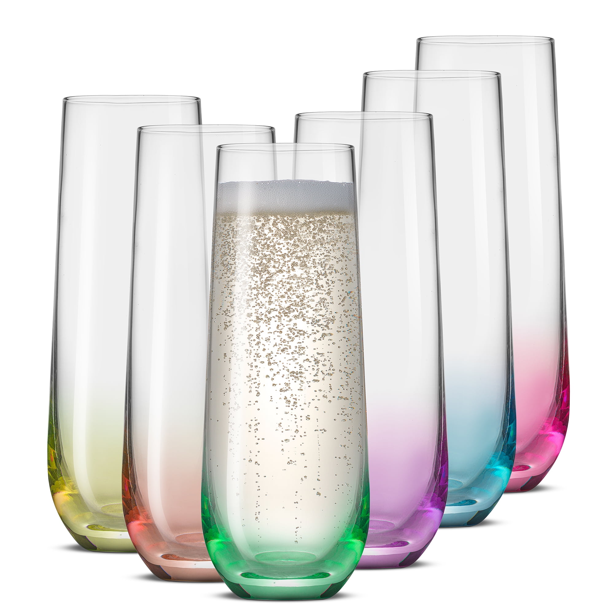 Hue Colored Stemless Champagne Glasses, Colorful Champagne Flutes, Mimosa Party Glasses (Set of 6)