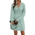 thumbnail image 2 of Women'S V Neck Scale Pattern Knit A Line Long Sleeve Dress Sweater Dress Light Blue Green S, 2 of 10
