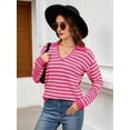 thumbnail image 3 of Womens Sweaters 2025 V Neck Long Sleeve Striped Tops Fall Winter Comfy Knit Clothes Pullover Sweater Pink & White L, 3 of 7