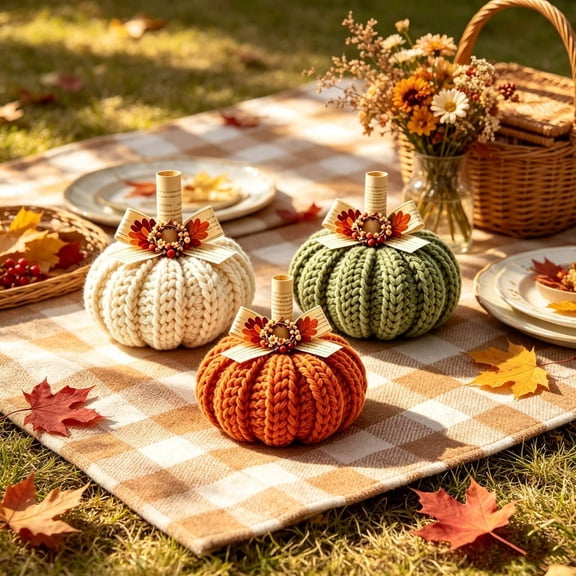 Cififendec Thanksgiving Knitted Pumpkin Set of 3, 3.94", Hand Woven Fabric Pumpkin Decor for Fireplace Mantel Tabletop Indoor Home Decor
