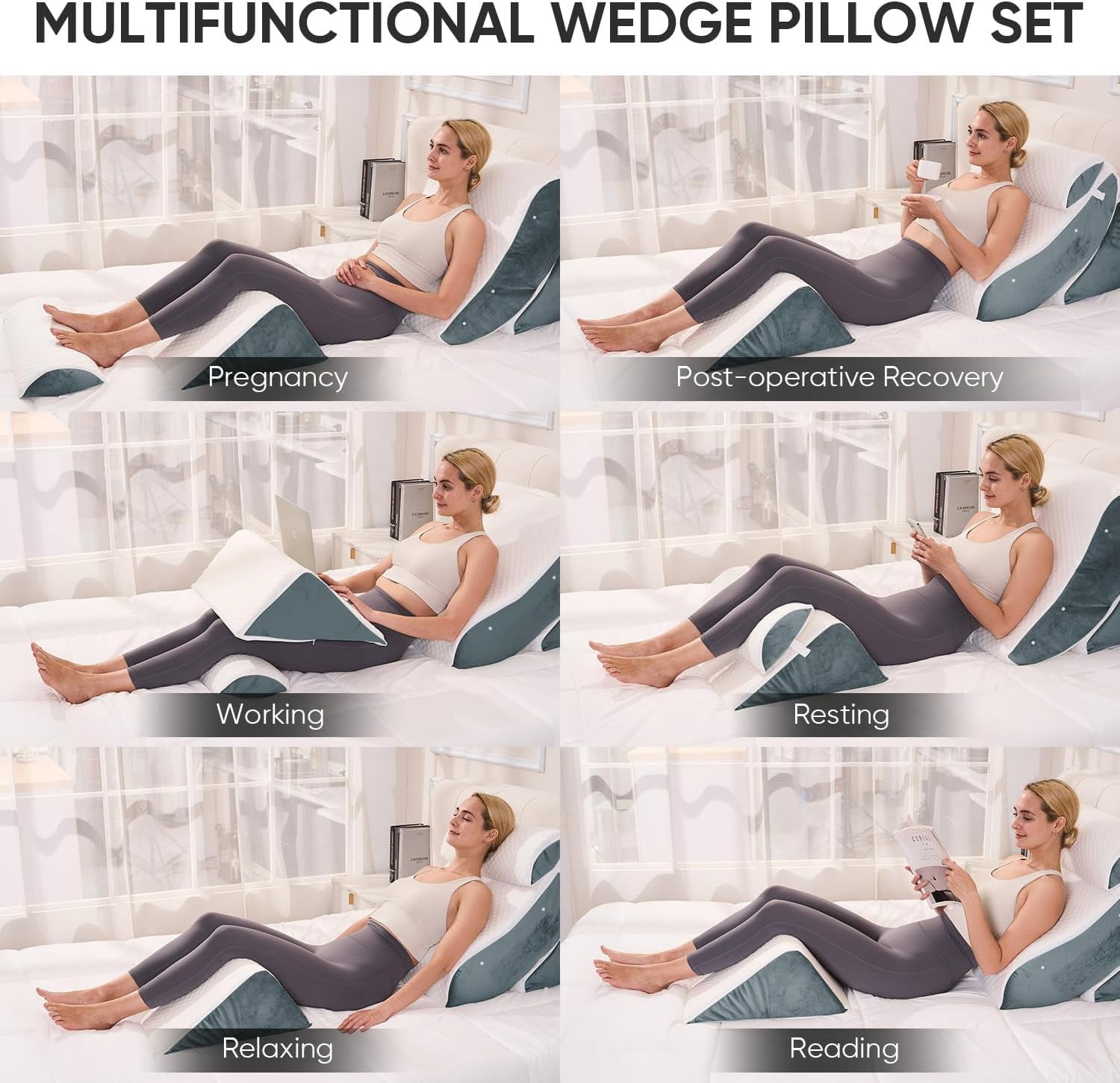 4 PCS Wedge Pillow Set for After Surgery, Memory Foam Orthopedic Bed Wedge Pillow Set, Adjustable Bed for Sleeping, Acid Reflux Relief, Post Surgery Recovery, Back Support, Leg Elevation, DarkGery