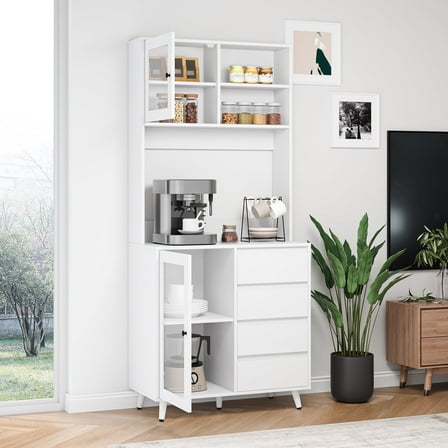 Homfa 70''H Pantry Storage Cabinet, Kitchen Hutch Cabinet with Tempered Glass Doors & 2 Adjustable Shelves, White