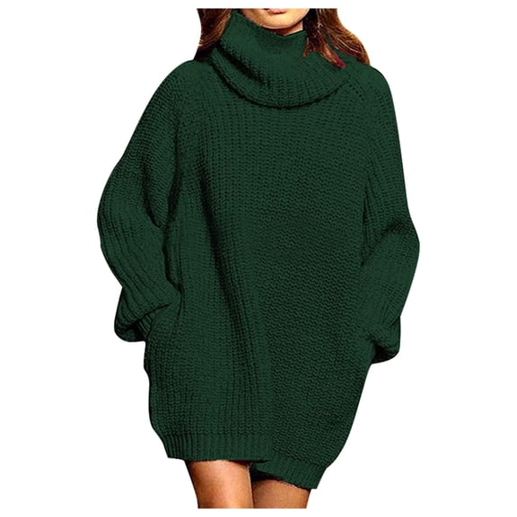 PMVFHDE Women Autumn Winter Fashionable Long Sleeve Turtleneck Pocket Midi Dress Loose Winter Outfits For Women Cozy And Warm Pullover Sweater Green,M