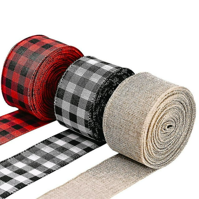 3 rollos de cinta de arpillera con alambre a cuadros, cinta de cuadros vichy para envolver para manualidades de árboles de Navidad