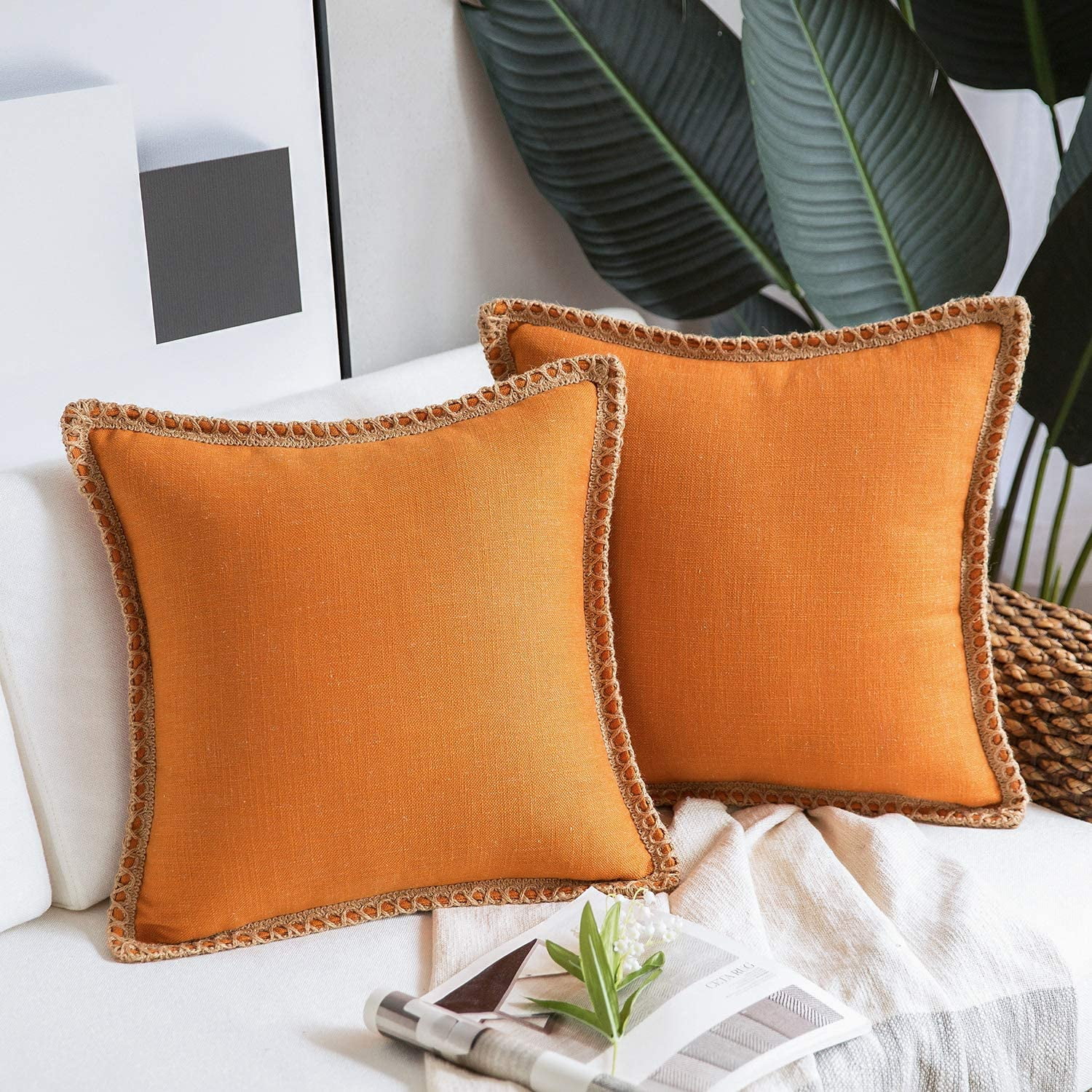 Dinheiro Phantoscope Pack of 2 Farmhouse Decorative Throw Pillow Covers Burlap Linen Trimmed Tailored Edges Off White 18 x 18 inches 45 x 45 cm Walmart