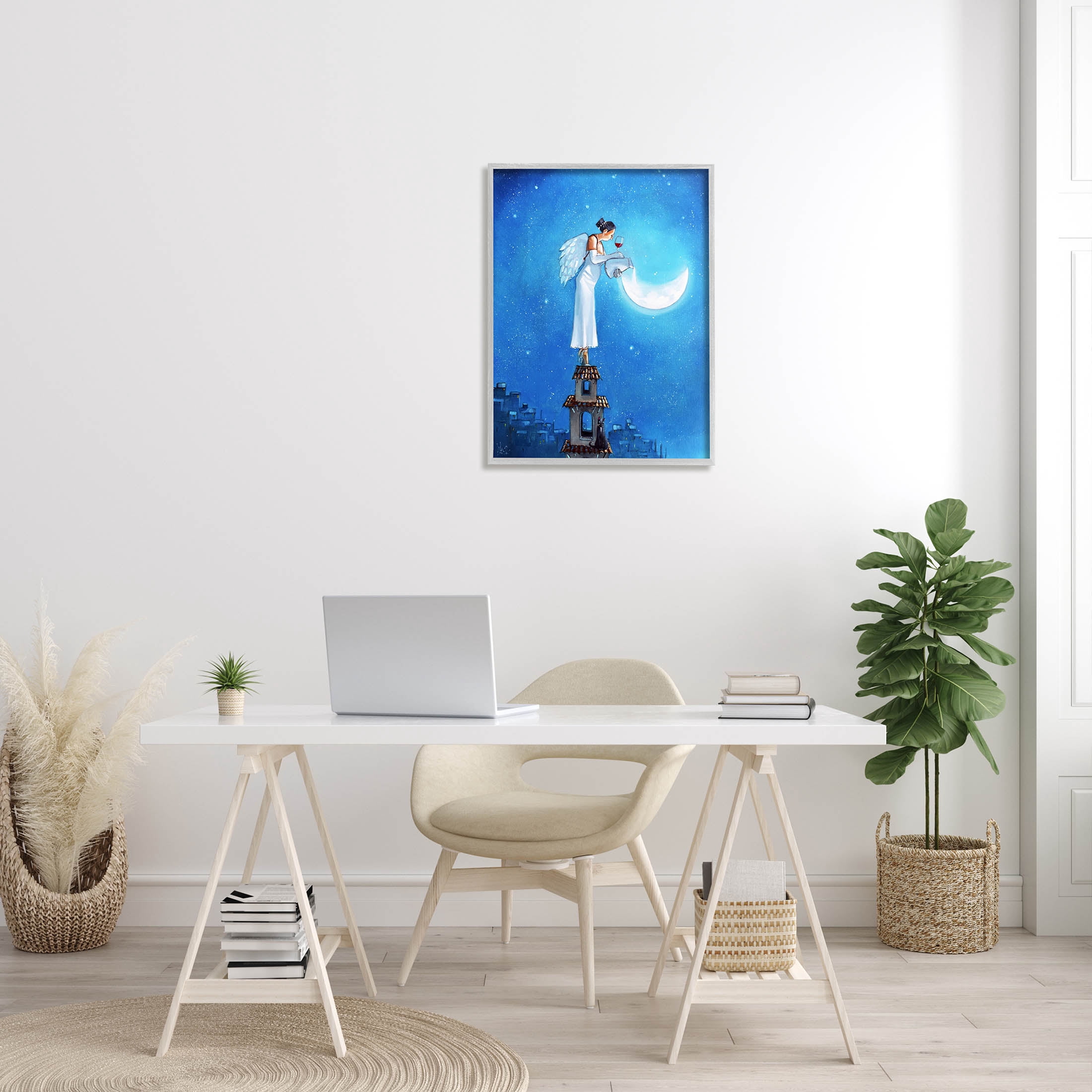 Angel Pouring Moon Cityscape Landscape Painting Gray Framed Art Print Wall Art