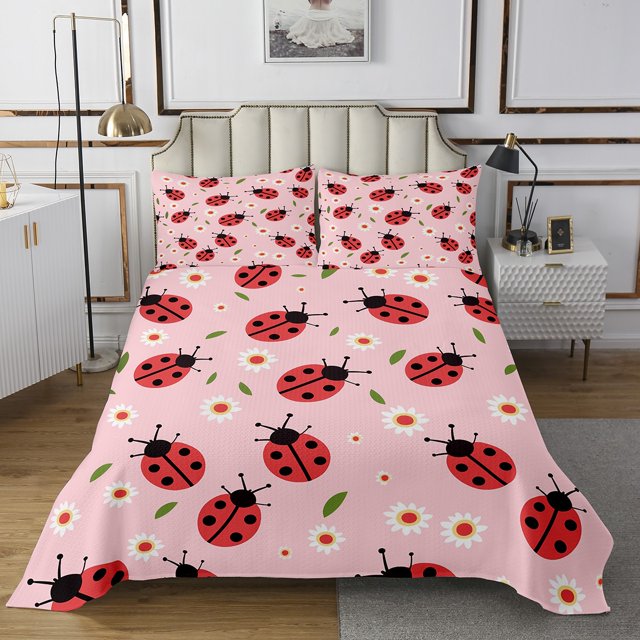 Erosebridal Kawaii Ladybug Coverlet Set Twin, Daisy Floral Flower Bedding Set, Pink, Ultra Soft 2pcs
