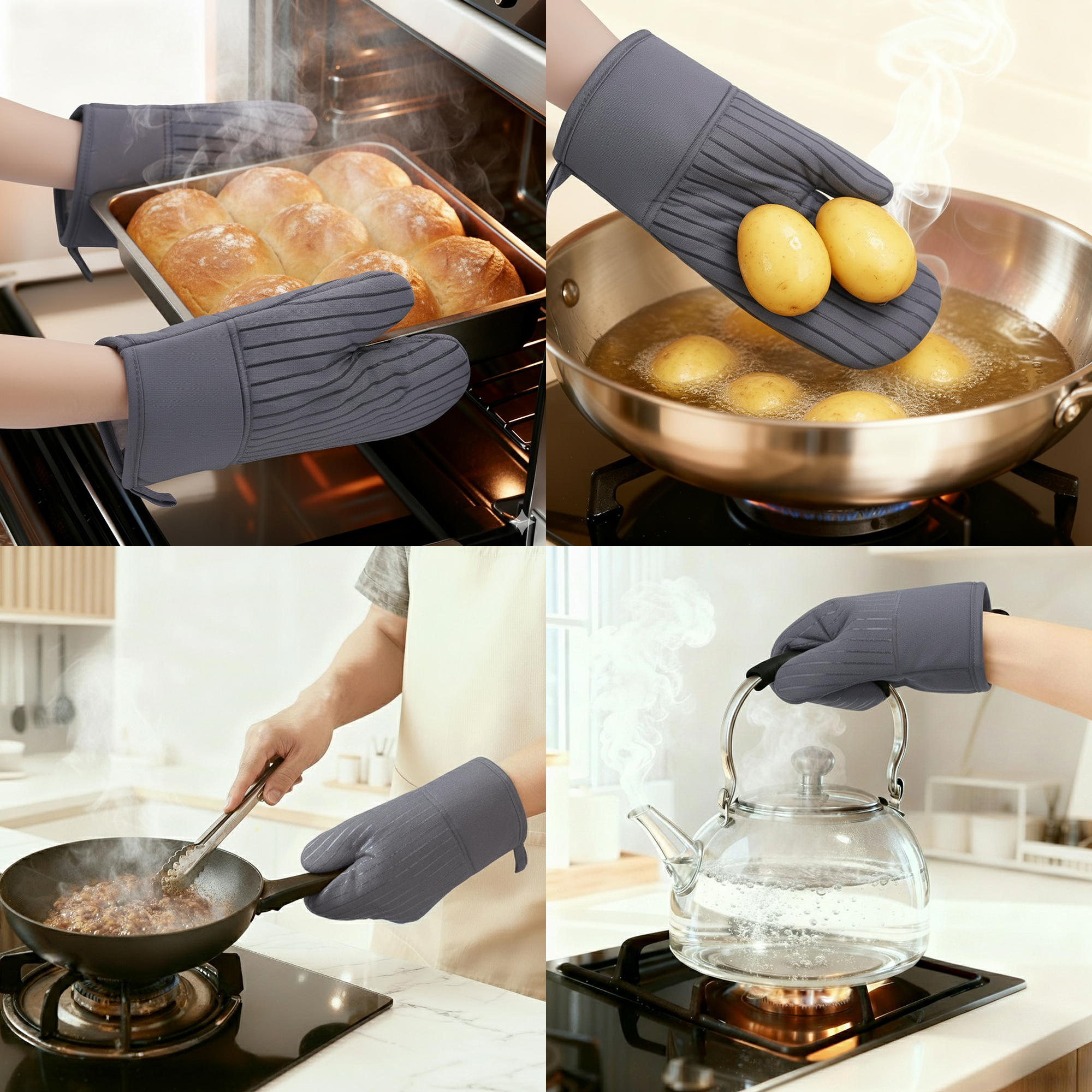 Unique Bargains 2pcs Silicone and Cotton Heat-Resistant  Oven Mitts Gray 12.6" x 7.1"