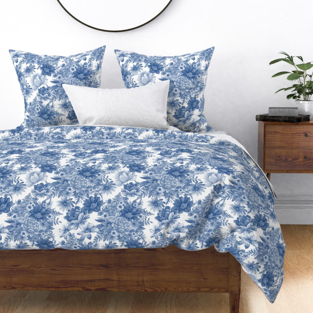 Chinoiserie Blue And White Flowers Leaves Floral Sateen Duvet
