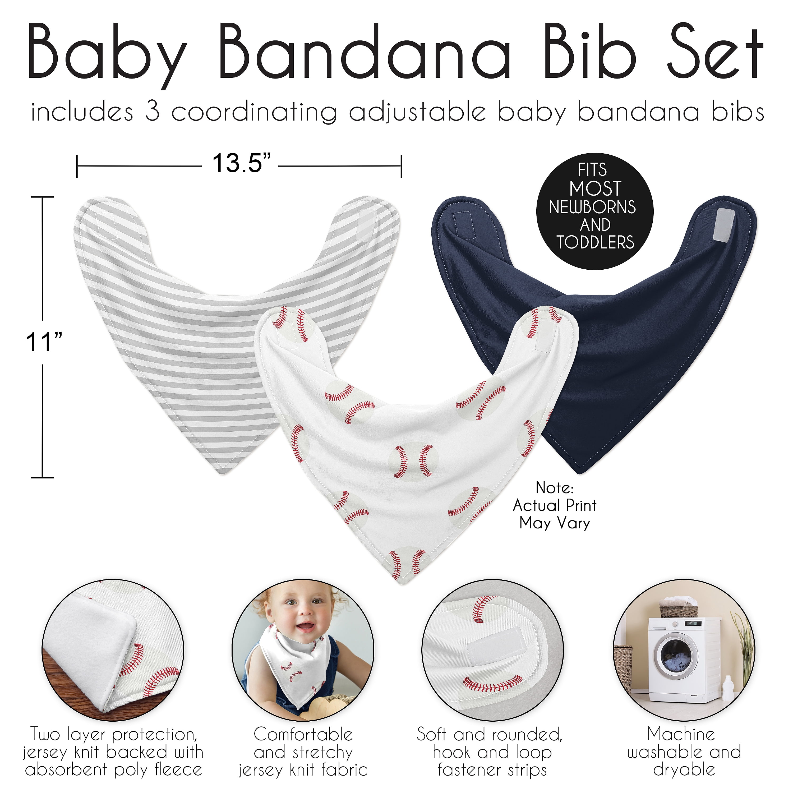 Sweet Jojo Designs Baseball Patch White Blue and Grey Fabric Bandana Baby Bibs 3 Piece Set