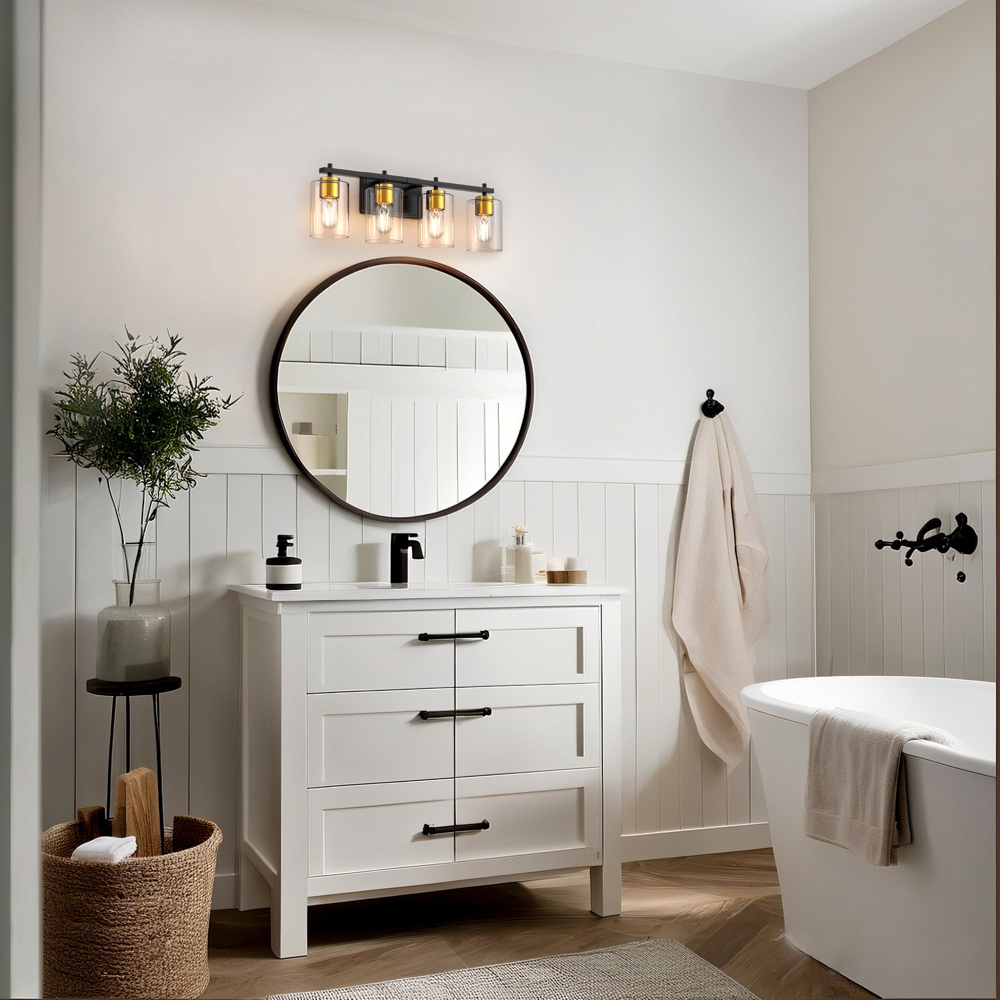 YANSUN Bathroom Vanity Light, 24.4 in 4-Light Black and Gold Bathroom Light Fixtures with Clear Glass Shade, Bathroom Lighting Fixtures Over Mirror, for Bedroom, Powder Rooms, or Vanity Nooks