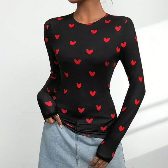 Valentines Shirts for Women Heart Print Fashion Long Sleeve Casual Crew Neck Loose T Shirt Comfortable Comfy Soft Basic Tee Vacation Clothes Black L