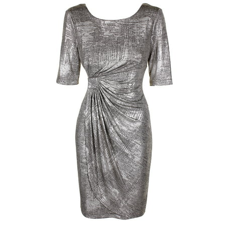 Connected Petite Silver Taupe Metallic Short-Sleeve Faux-Wrap Dress 