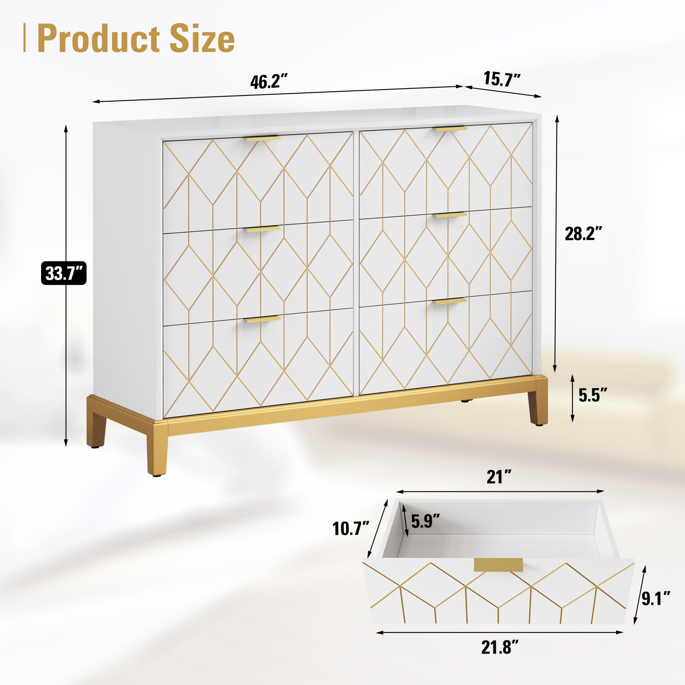HLR Modern 6 Drawers Dresser, White Wood Dresser for Bedroom Wide Chest of Drawers, Storage Double Dressers Organizer for Bedroom, Living Room