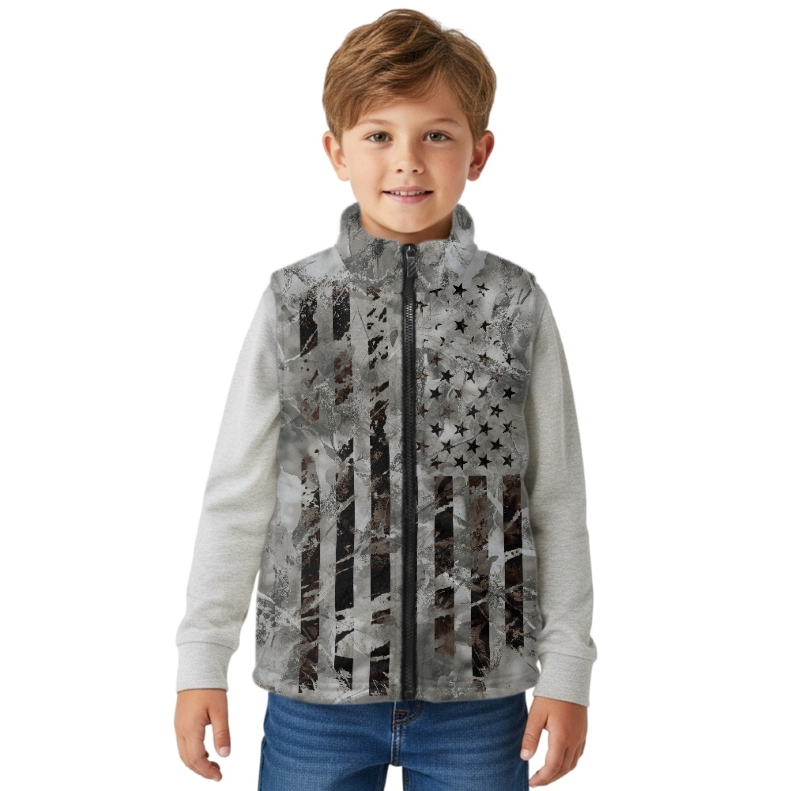 Xoenoiee American Flag Hunting Camo Print Boys Vest Lightweight Stand Collar Sleeveless Zip Up Outerwear Fleece Warm Jacket with 2 Pocket, Size 7-8 Years