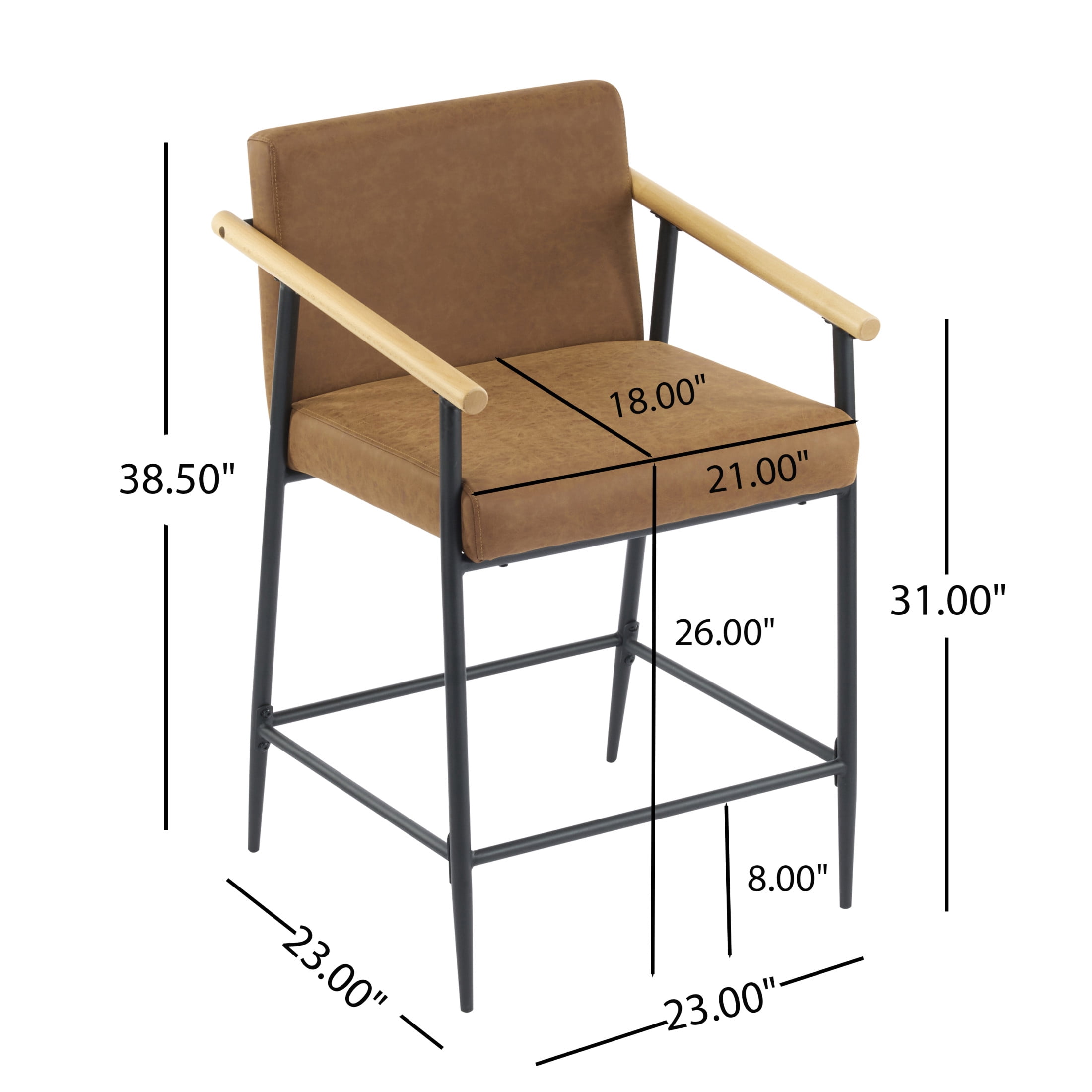 Christopher Knight Home Mid-Century Modern 26" Counter Height Stools, Metal Frame, Wood Armrests, Brown Cushion, Set of 2