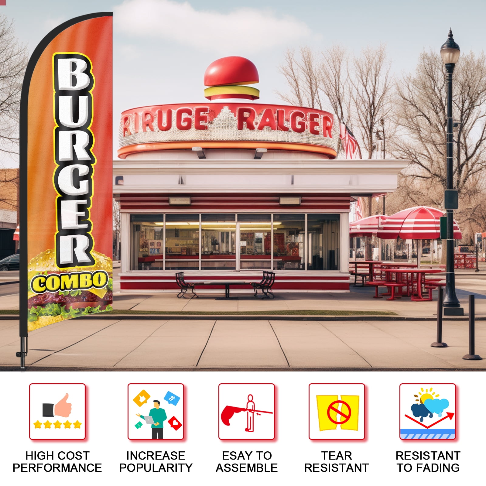 QSUM Burger Combo Feather Flag with Flag Pole Kit and Ground Spike, 8.2FT Burger Combo Windless Flag Banner Sign Business for Outdoor Advertising Sign Decoration Display
