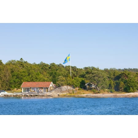 9 Perfect Pole - Sweden Stockholm - House on island in archipelago with swedish flag on pole Stretched Canvas - Panoramic Images (27 x 9)