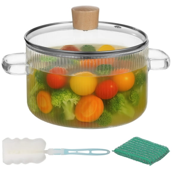 Glass Cooking Pot with Lid, 1.6 L/54 oz Soup Pot with Handle, High Borosilicate Glass Simmer Pot, Includes Cleaning Brush and Dishcloth, Safe for Stove, Microwave, Refrigerator