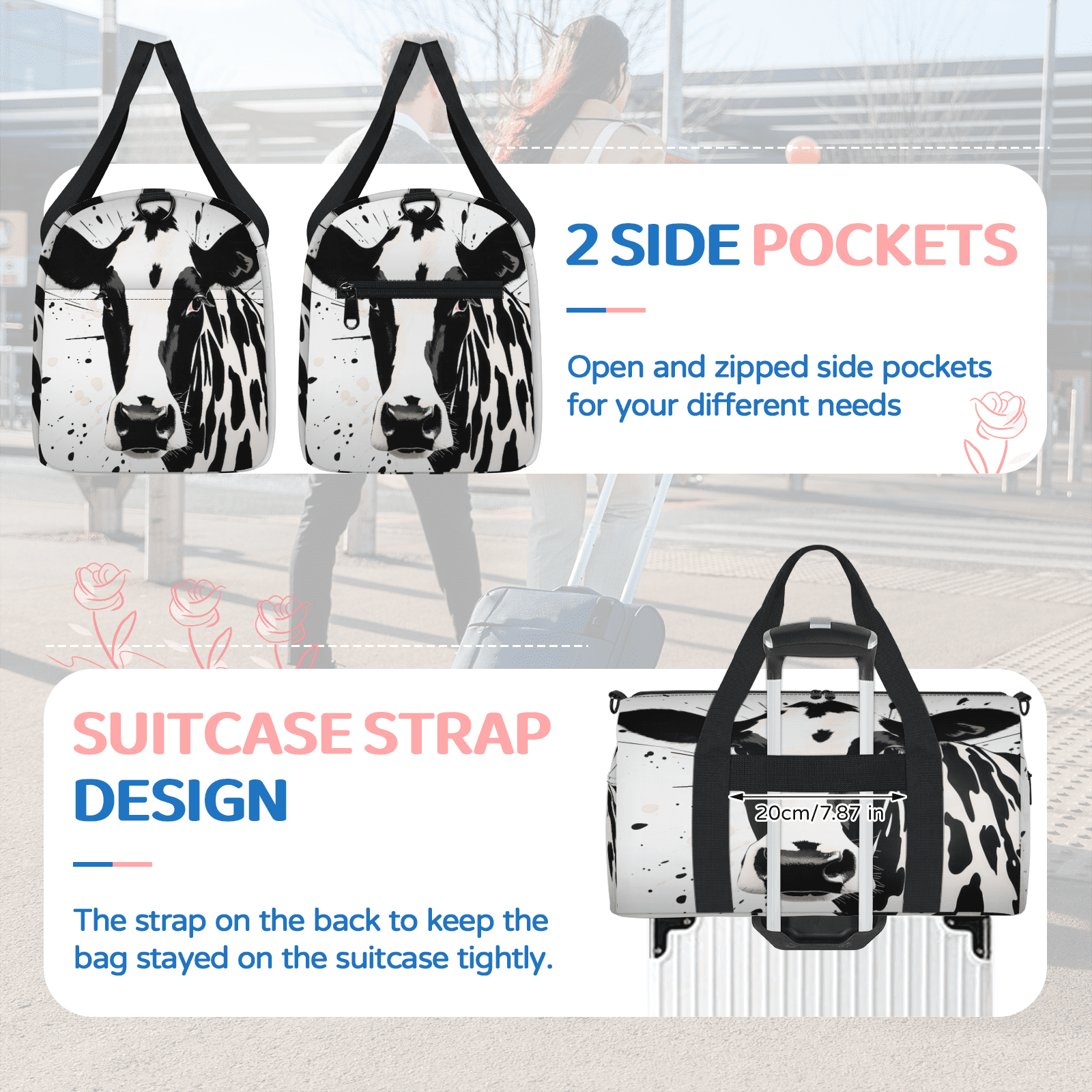 Herdesigns Black Cow Print Travel Duffle Bag Sports Yoga Weekender Overnight Carry on Workout Bags Lightweight Waterproof Gym Tote Bag for Women