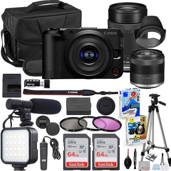Canon EOS R50 V Mirrorless Camera with 14-30mm & 55-210mm Lens Bundle   2X 64GB Memory Cards   Accessory Kit Including Shoulder Bag, LED Light, Microphone, Software & More