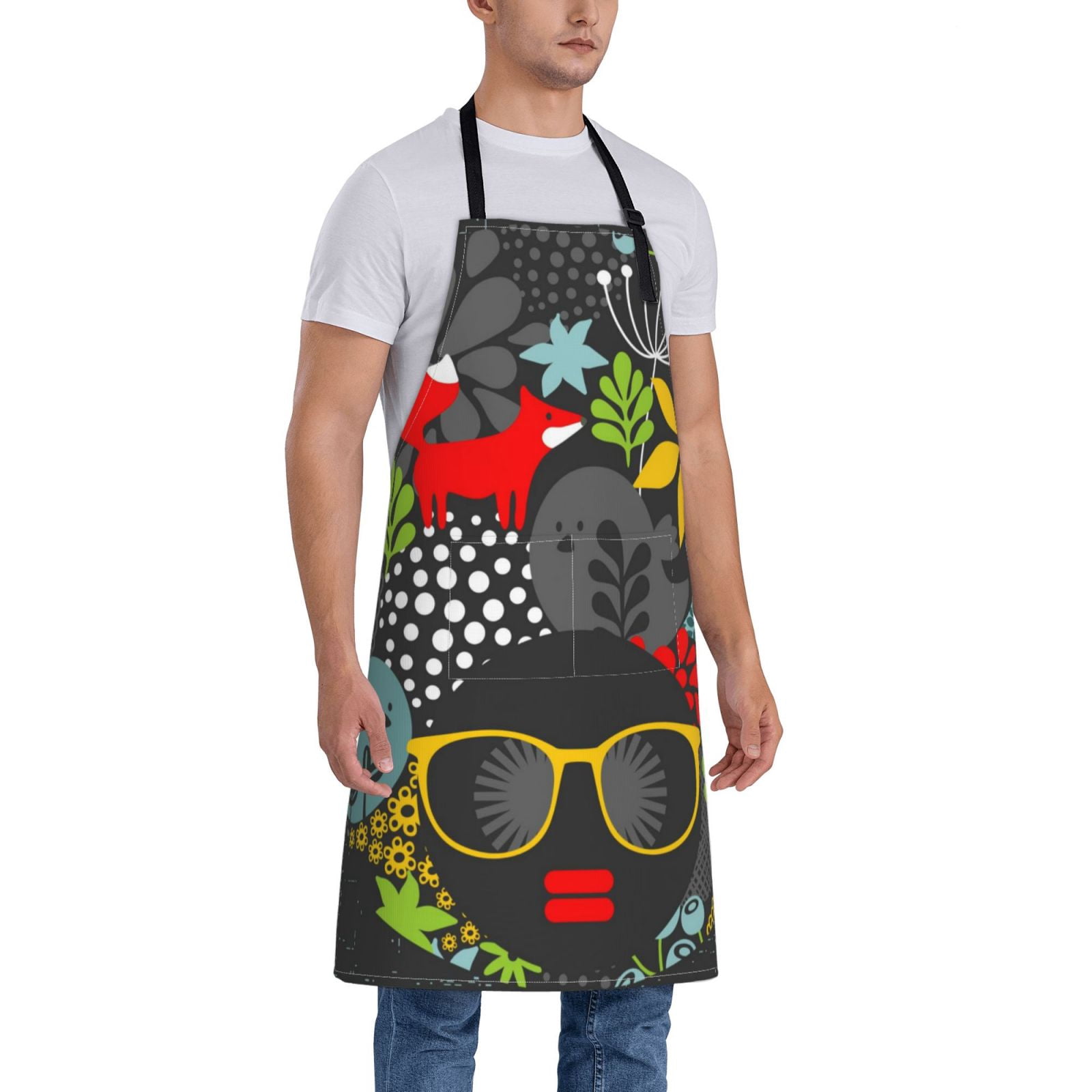 Kdxio Black Head Woman with Fox Hair Apron with Pockets Adjustable Kitchen Aprons for Men Women Waterproof Aprons for Cooking,Drawing,Crafting, Baking Household Cleaning