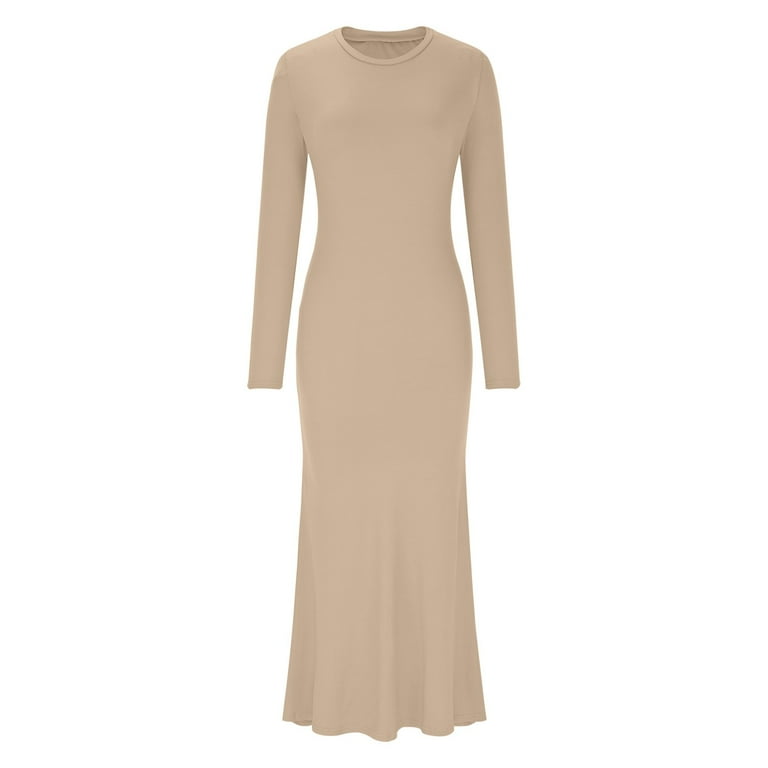 qolati Holiday Dresses for Women Trendy Stretchy Solid Crew Neck Lounge  Long Dress Elegant Long Sleeve Bodycon Maxi Dresses - Walmart.com