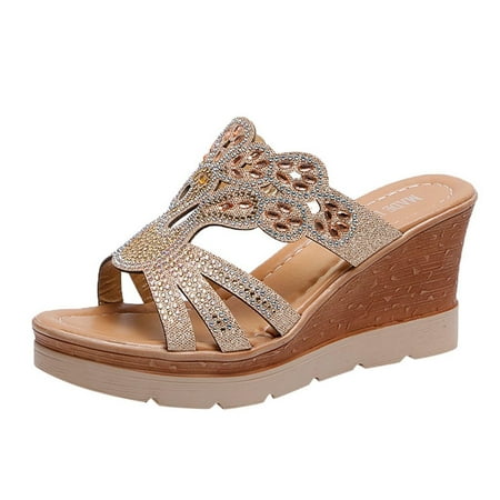 

Women s Rhinestone Casual Wear Cute Slide Wedge Sandal Bohemian Shoes Crystal Wedges Thick Peep Toe Sandals Slippers Elegant Sandals