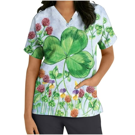 

LWZWM St. Patrick s Day Scrub Tops for Women Green Shamrock Nurse Uniform Scrub Shirts Cute Medical Uniforms Teacher St Patricks Day Shirt Short Sleeve V Neck Tops Working Uniform Blouse L