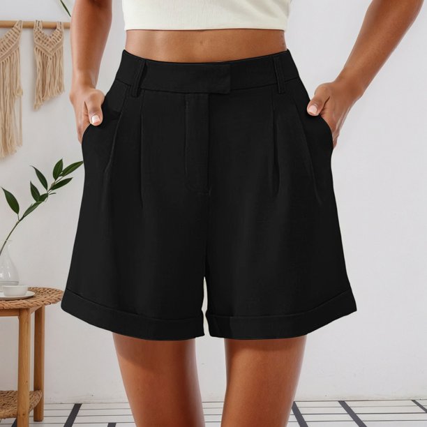 MKLEKYY Pantalones Cortos de Vestir de Cintura Alta para Mujer con Pliegues, Bolsillos Laterales y Espalda Elástica, Cómodos, Transpirables, Informales, para Viajar, Verano, Primavera y Otoño.