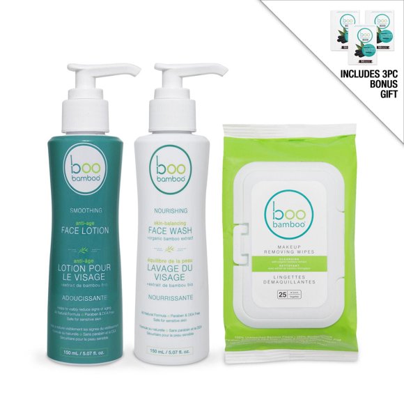 Boo Bamboo All Natural 3pc Face Care Bundle – Face Wash, Face Lotion & Makeup Remover Wipes + Bonus Gift
