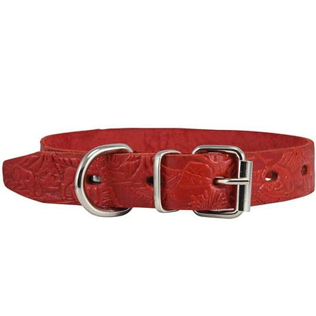 Dogs My Love Genuine Tooled Leather Dog Collar Hunting Pattern Red 3 Sizes (Neck Circumf: 10