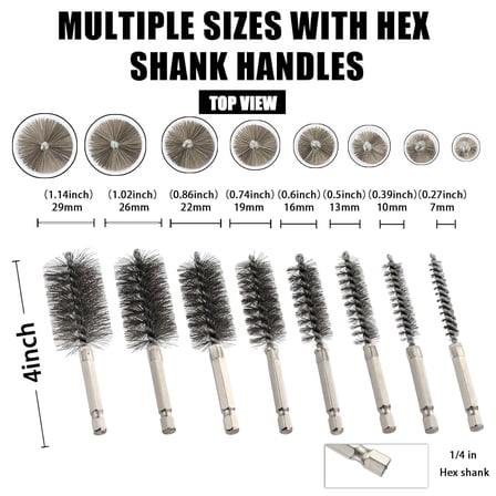 Stainless Steel Bore Brush, 8pcs Wire Brush for Drill, Durable Metal Bristles Twisted, 8 Size Set Multiple Diameter Options, 1/4 Inch Hex Shank, for Power Drill Impact Driver & Tube Cleaning