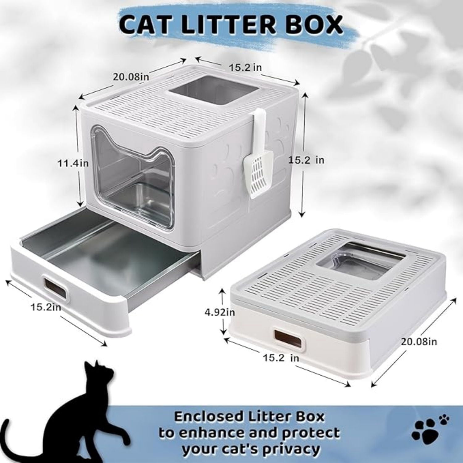 Enclosed Cat Litter Box with Lid Top Exit Covered Metal Stainless Steel Litter Box Leak Proof & Odorless Easy to Clean Including Cat Litter Scoop and Litter Mat