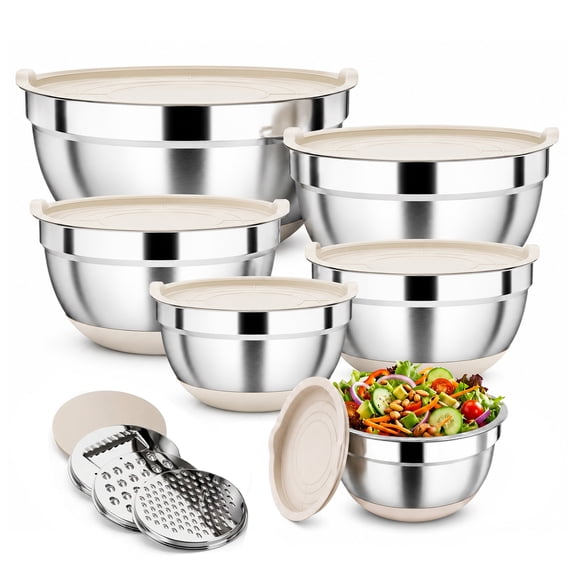 9 Piece Khaki Nesting Mixing Bowls, Stainless Steel Kitchen Bowls Equipped with Grater Attachments and Airtight Lids, Non-Slip Base Prep Bowls in 7 4 3 2 1.5 1 Quart Sizes