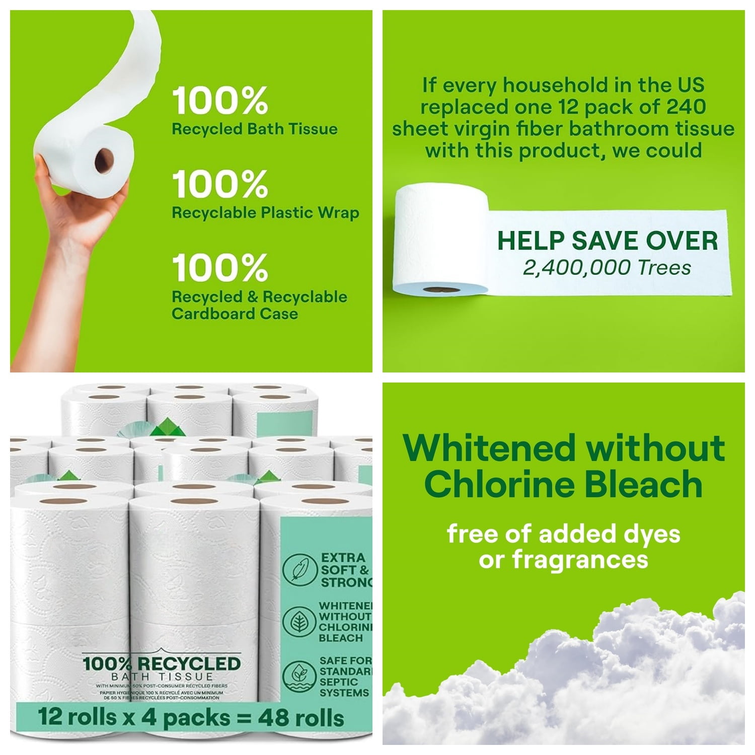 Toilet Paper  d Bath Tissue 4-Pack 100%  d Paper 2-ply without Chlorine Bleach 12 Rolls