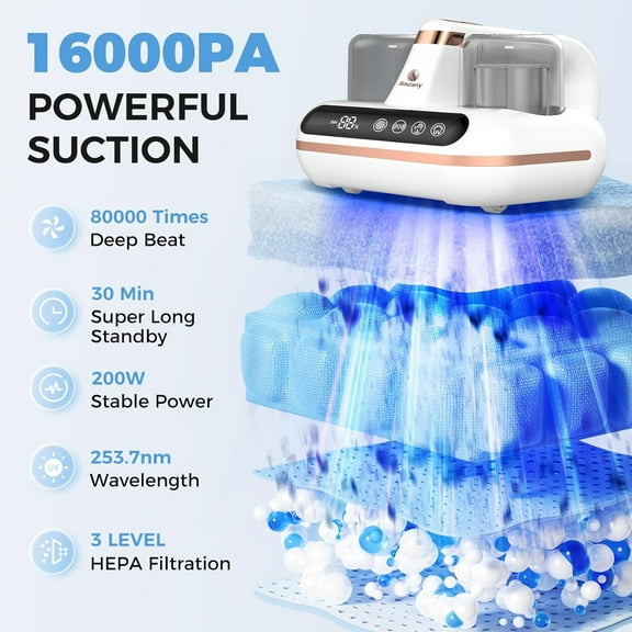 Cordless Mattress Vacuum Cleaner - 5-in-1 -C Light & Ultrasonic Bed Cleaner with 16Kpa Suction, HEPA Filter for Dust and Pet Hair Removal