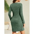 thumbnail image 4 of Fancyglim Sweater Dresses for Women Casual Long Sleeve Round Neck Mini Dress Fall Soft Ribbed Knit Side Buttons Dress Green S, 4 of 6