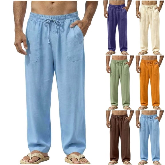 KeShDi Beach Linen Sweat Pants for Mens Casual Pants Men Casual Fashion Loose Drawstring Pockets Outdoors Exercise Workwear Girdle Leg Pants Dark Blue 5X