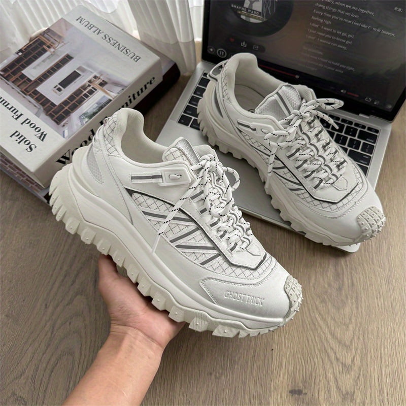 Men'S Chunky Platform Sneakers - Slip-On/Lace-Up Closure, Cushioned PVC Sole, All-Season Outdoor Hiking & Casual Shoes in White/Gray/Black colorway - for Everyday, Gym, Travel - Breathable Fabric