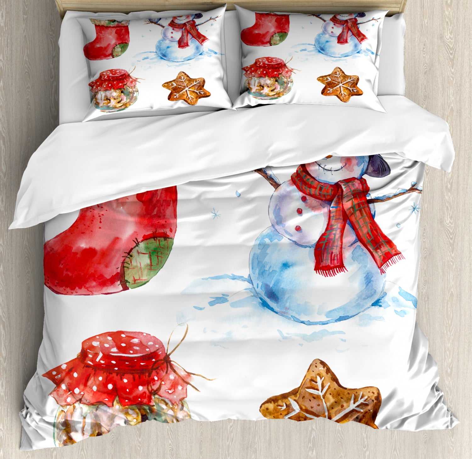 Christmas King Size Duvet Cover Set Watercolor Xmas Icons Snowman