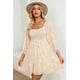 thumbnail image 4 of ZHAOCHENG Vestido de mujer de primavera y verano con estampado floral estilo bohemio, escote cuadrado, fruncido, manga 3/4, informal, corte en A, minivestido babydoll, 4 of 5
