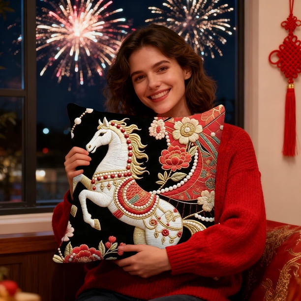 Year Of The Horses Themed Decorative Pillow Cover With Festive Red Print Suitable For Living Room Sofa Car Or Bedside Use