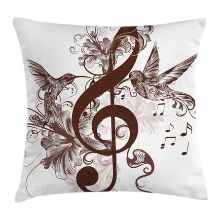 Music Decor Throw Pillow Cushion Cover, Cute Floral Design with Treble Clef and Singing Flying Birds Sparrows Artwork, Decorative Square Accent Pillow Case, 16 X 16 Inches, Red Brown, by Ambesonne