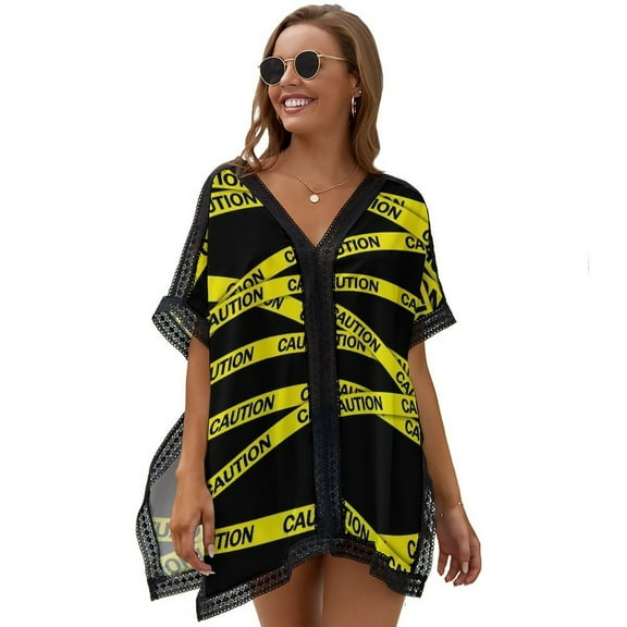 Caution Tape Beach Cover Ups for Women Bathing Suit Cover Up Lace Bikini Swimsuit Coverup Beach Dress Shirt One Size