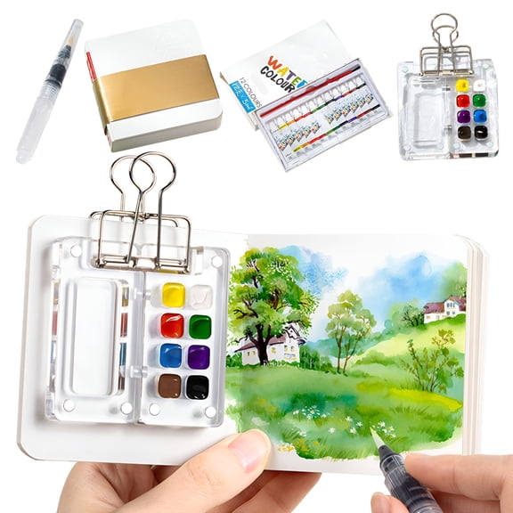 CCOCC Mini Water Color Paint Travel Set,Watercolors Miniature Pocket Tiny Small Compact Palette Painting Travel Kit with Sketchbook&Acrylic 8 Grid Paint Box