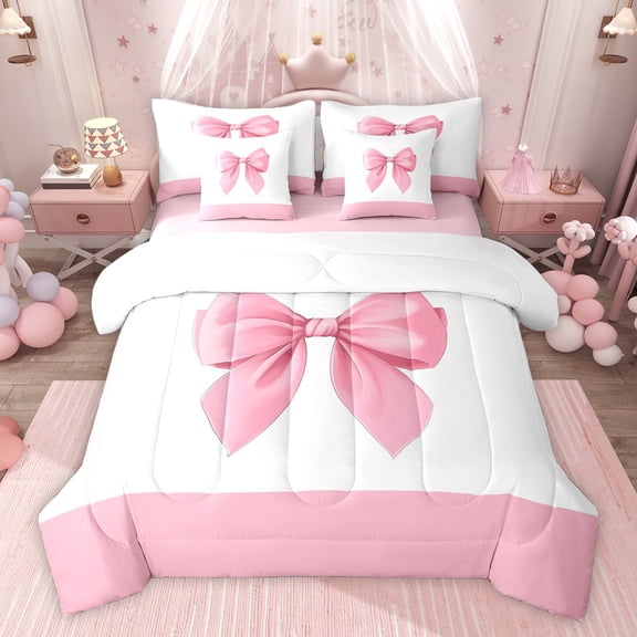 Feelyou Kawaii Pink Bow-tie Twin Bedding Sets 7-Piece for Kids, Cartoon Dreamy Bowknot Bedding Comforter Set, Cute Princess Style Reversible Sheet Sets, Super Cozy Room Decor