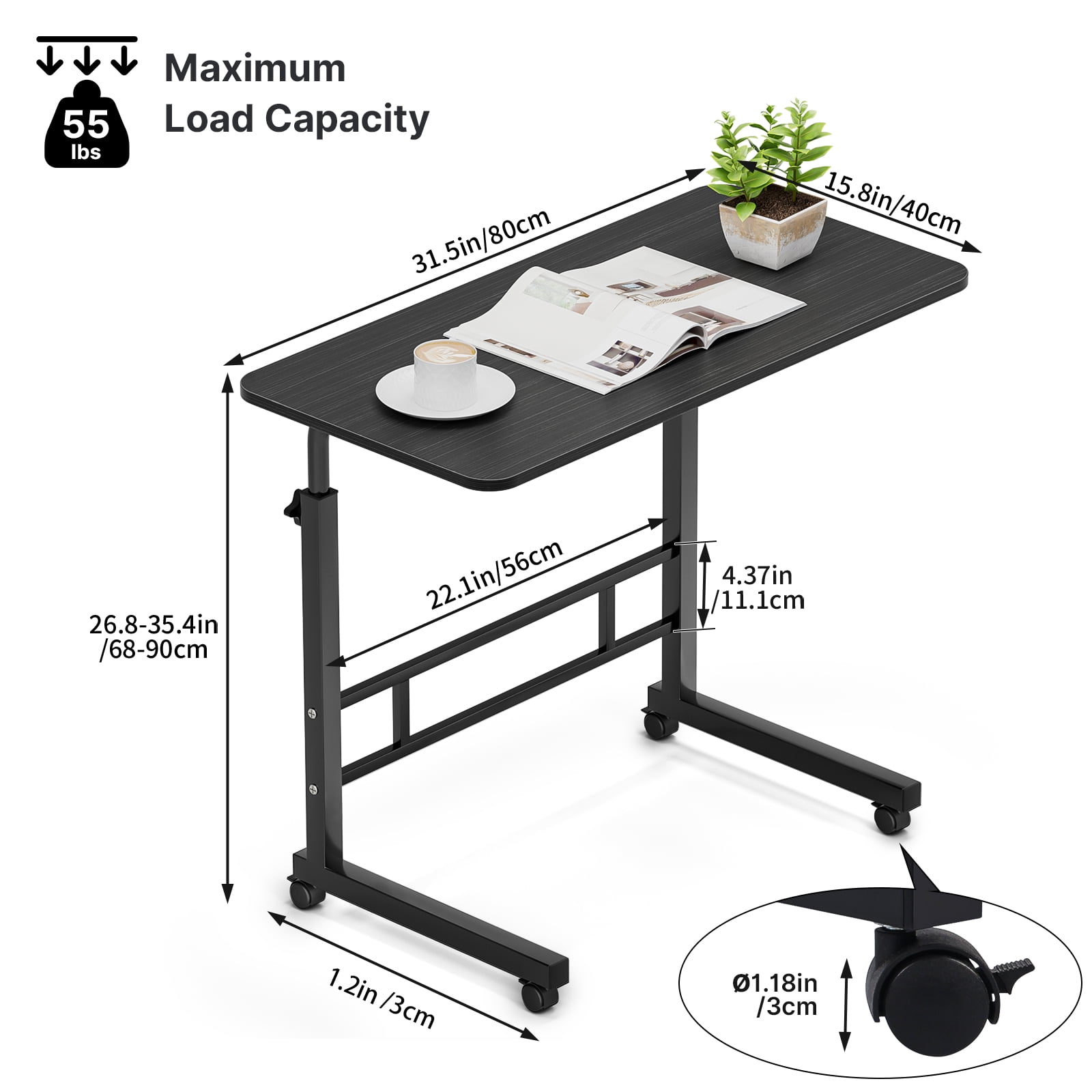 BeauGift Rolling Height Adjustable Laptop Desk, Portable Standing Computer Table on Wheels, Black
