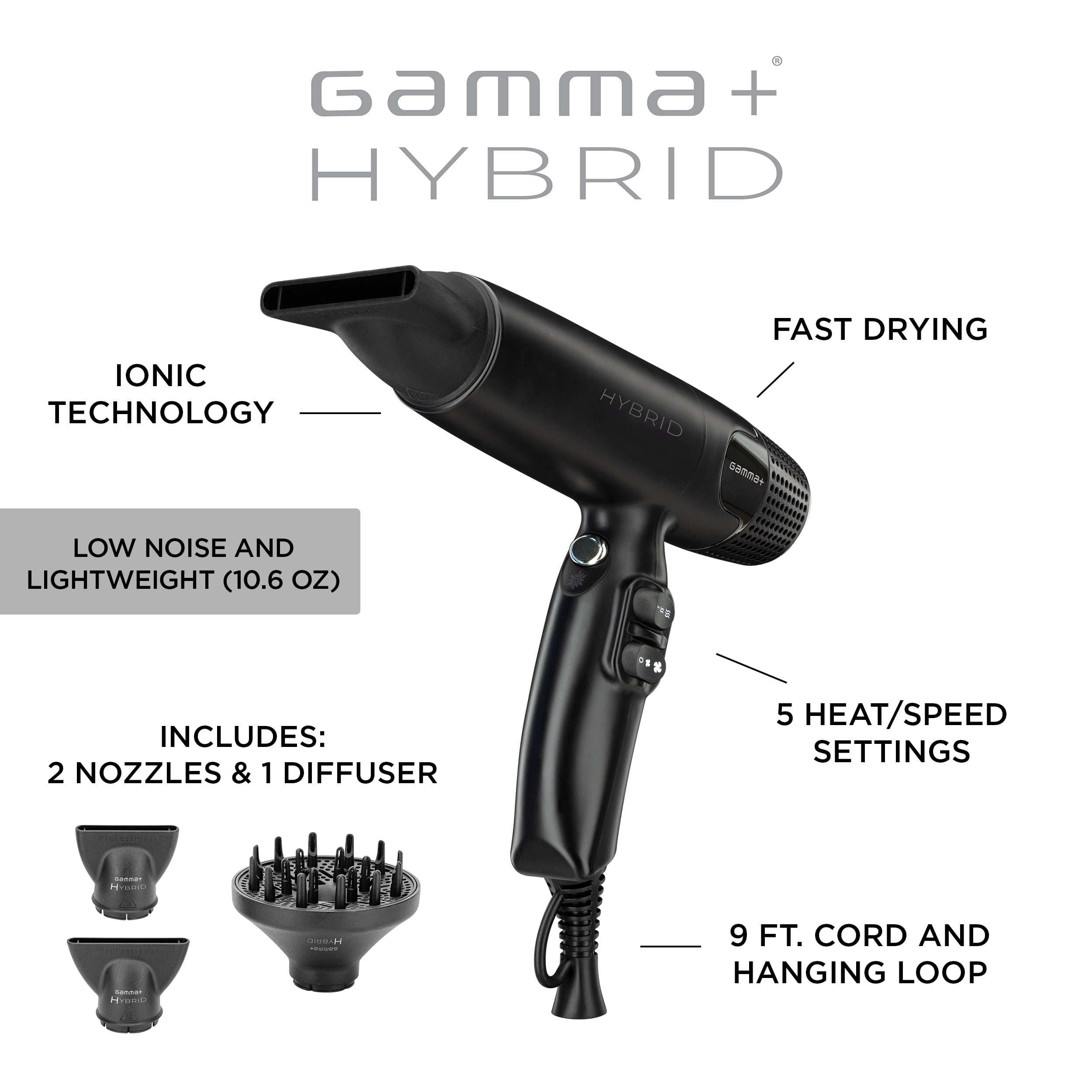 GAMMA+ Hybrid Professional Hair Dryer Lightweight, Ionic Technology, Low Noise with 2 Nozzles and Diffuser